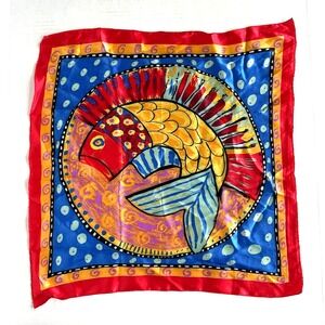 Joyful Multicolor Fish Scarf 100% Silk Scarf 20" x 23" Square Vintage.